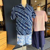 メンズ半袖シャツ 藍染め絞り柄