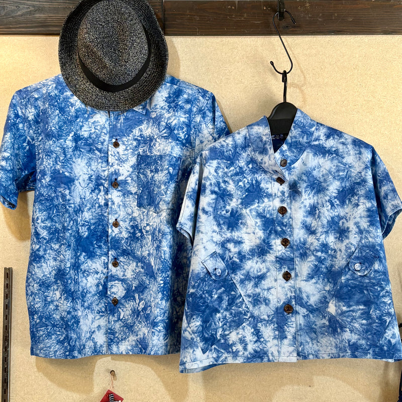 【限定】メンズシャツ　半袖 藍染　群雲染