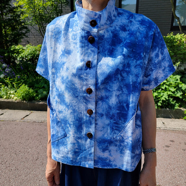 藍染群雲染め フレンチブラウス